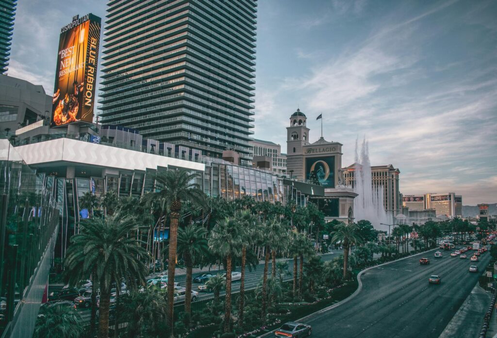 A busy Las Vegas road during the holiday season with vehicles towing trailers. — holiday driving safety towing Las Vegas