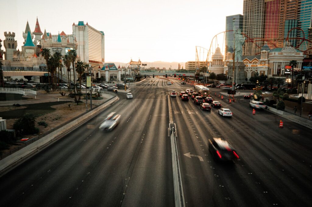 An image of a crowded Las Vegas street with cars parked legally and illegally. — las vegas parking rules